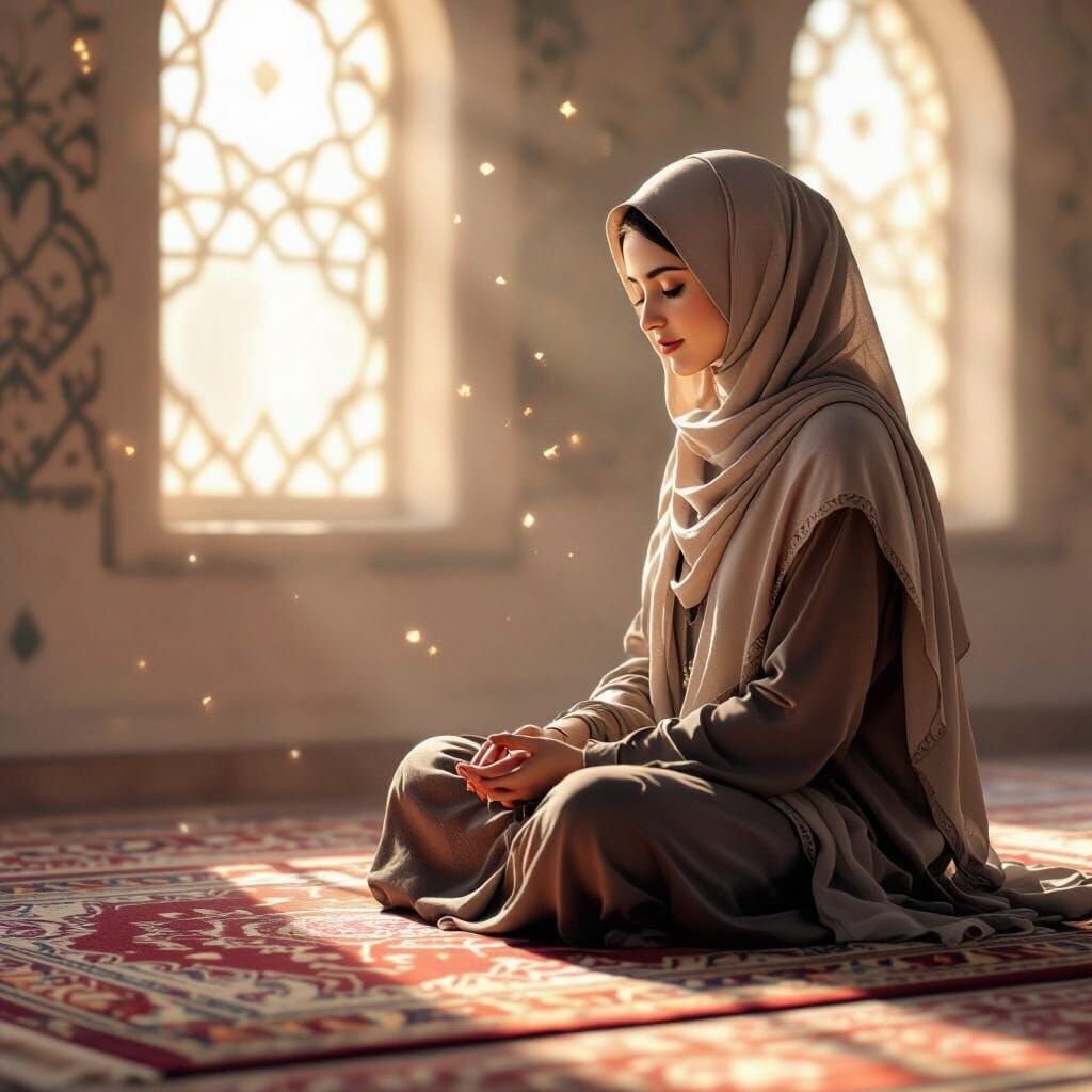 Woman in Hijab on Prayer Rug