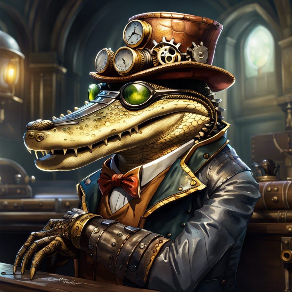 Steampunk Alligator Portrait in Watercolor Style