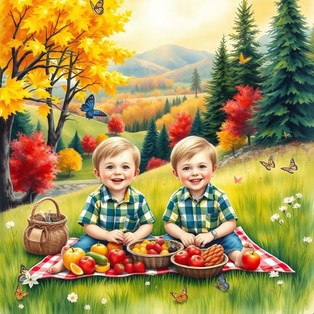 Idyllic Watercolor Scene of Happy Twin Boys in Autumn Landsc...