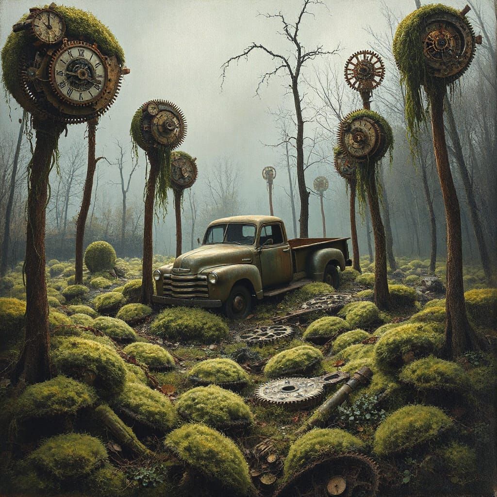 Abandoned Clockwork Garden with Rusted Truck in Oil Paint St...