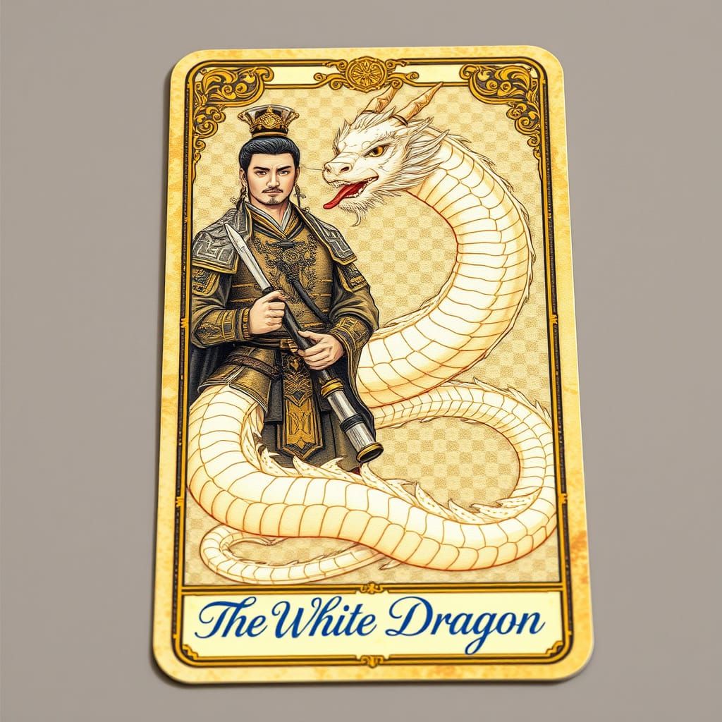 Majestic White Dragon Tarot Card in Ornate Gold Border