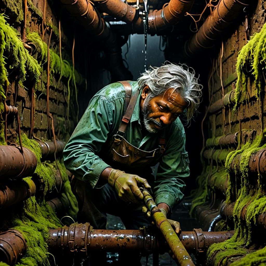 Dark and Atmospheric Sewer Scene with Repair Worker