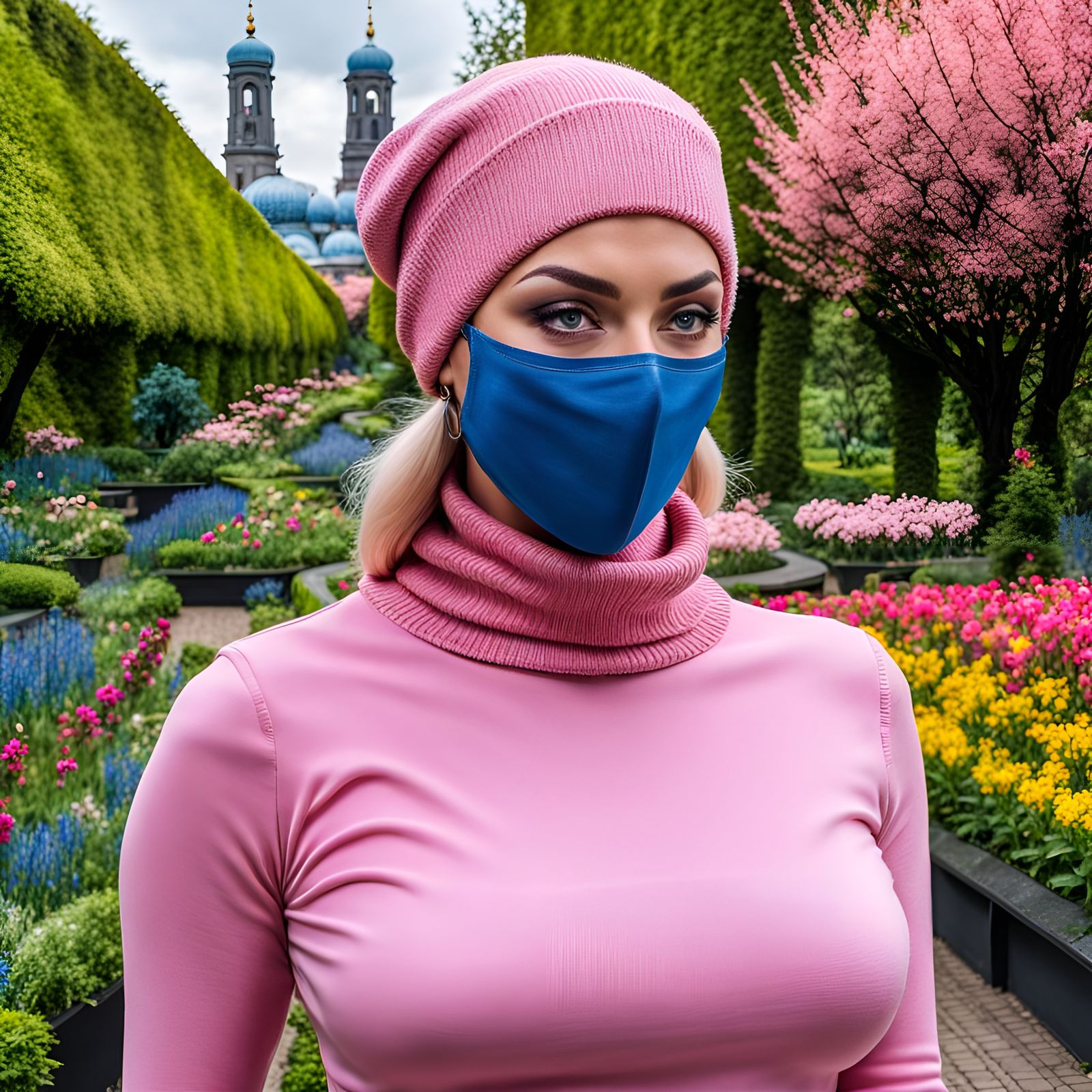 Woman with Pink Facemask in Mystic Garden