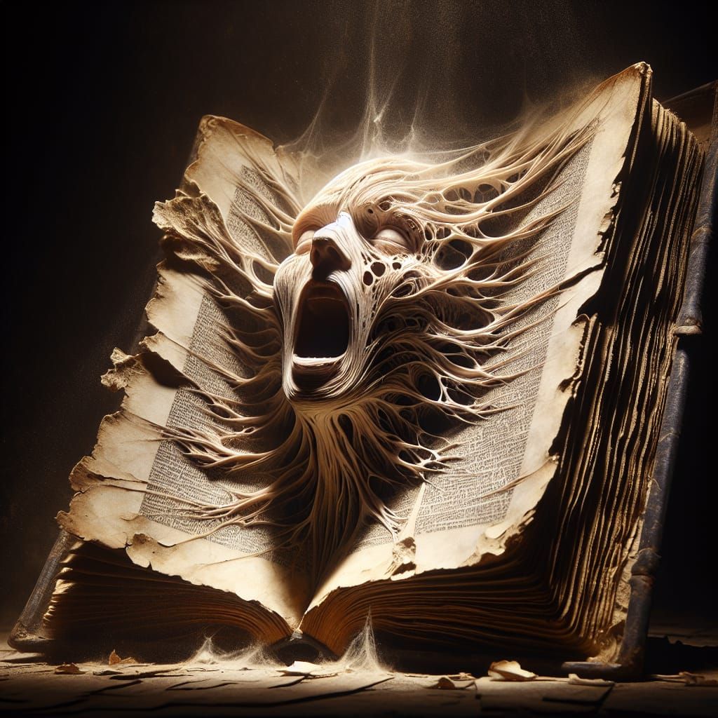 Surreal Face Emerges from Ancient Book