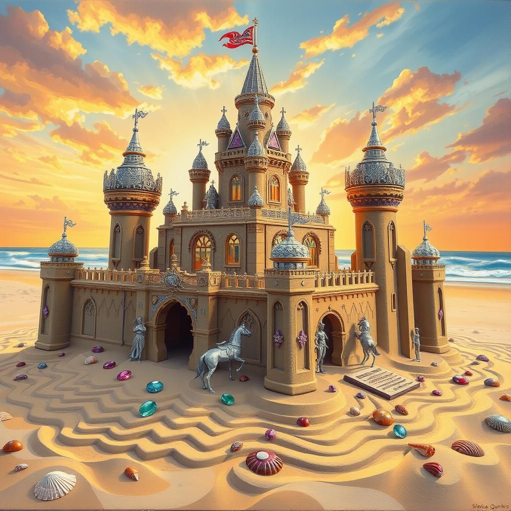 Magical Sandcastle with Silver Figures and Gems