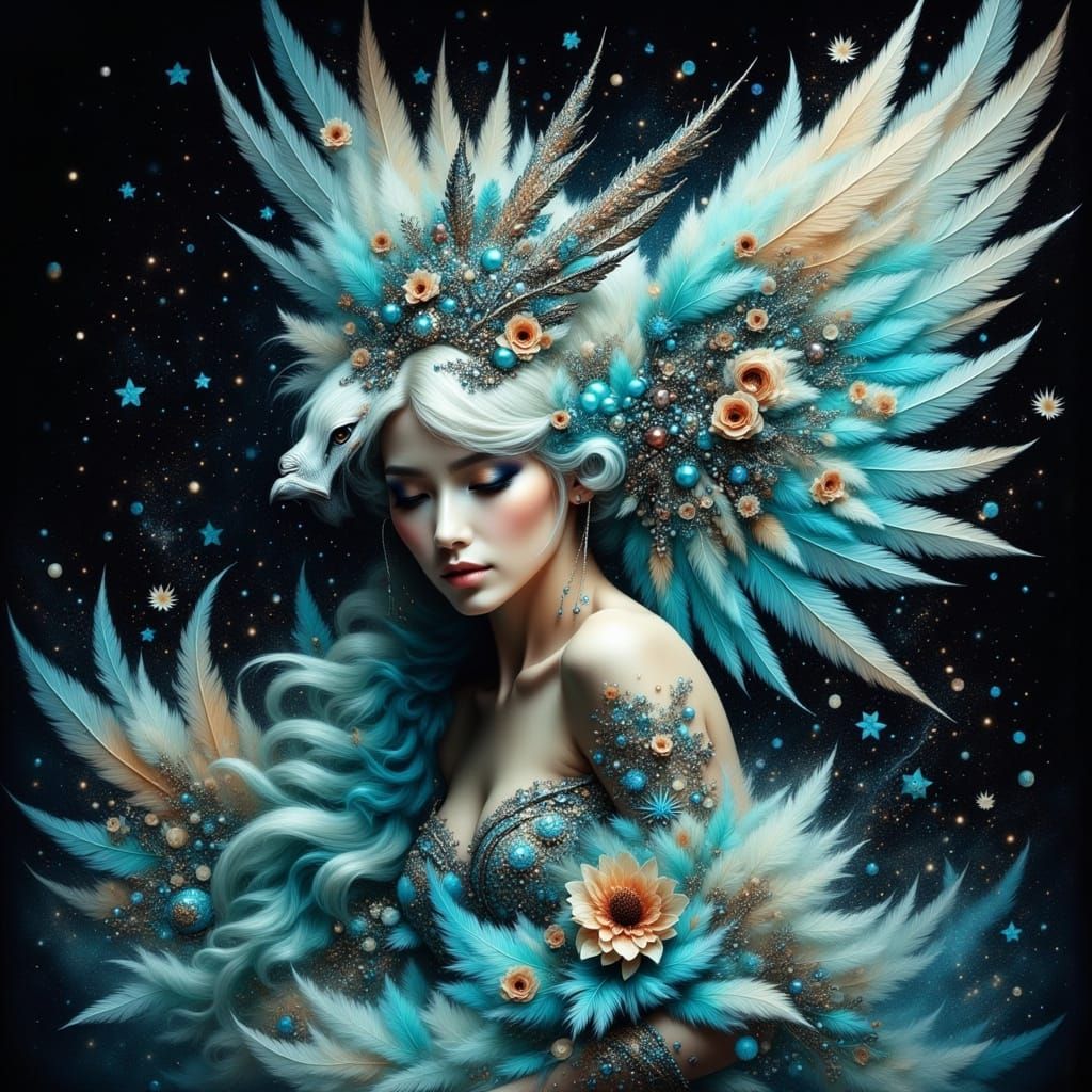 Gryphon Opera Diva in Opalescent Feathers and Art Deco Beadi...