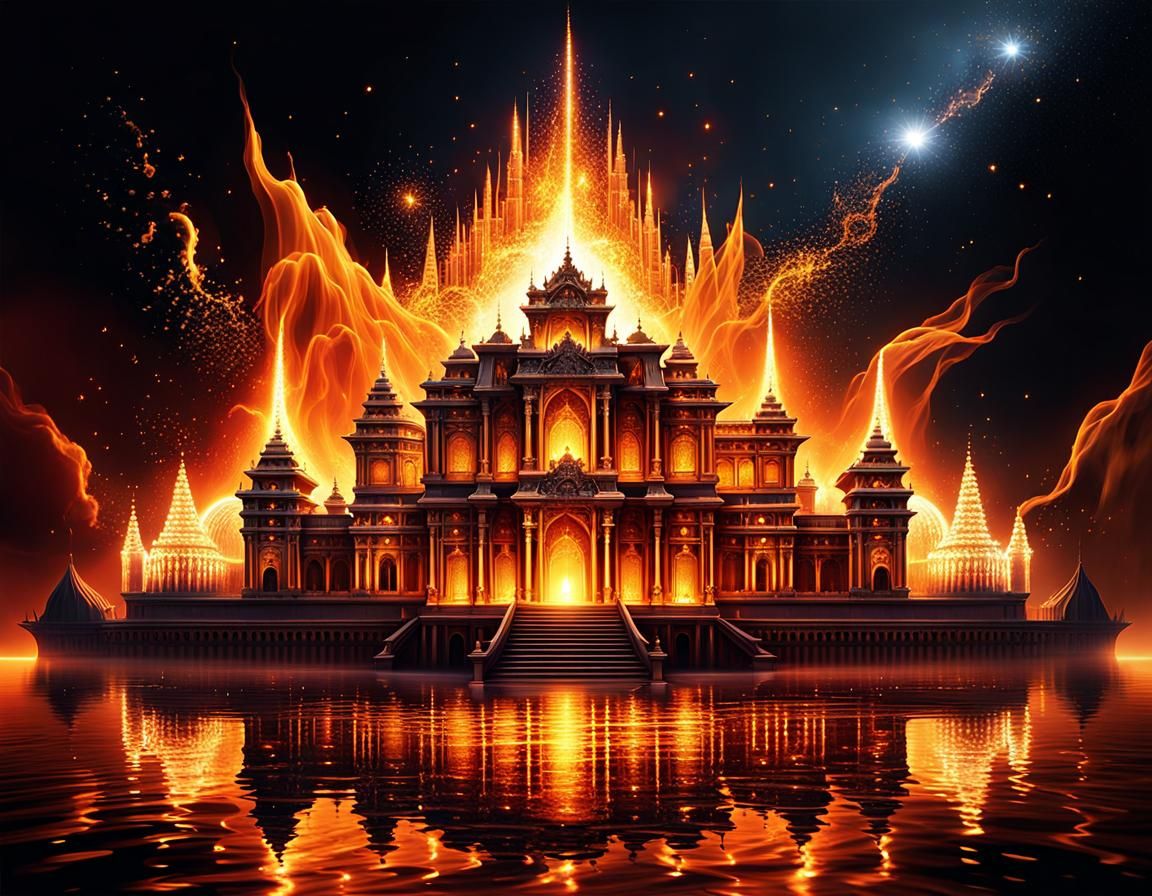 Luminous Floating Palace with Molten Metal Effects