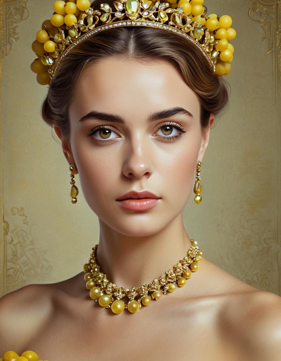 Iridescent Yellow Tiara Portrait, Hyperdetailed Photorealism