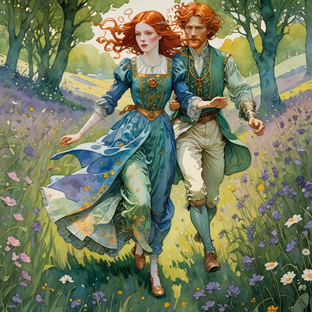 Redhead Royalty in Sunlit Meadow: Klimt Style