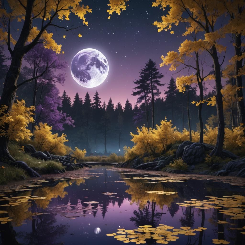 Blue Moon Reflects in Purple Sky, Fantasy Art