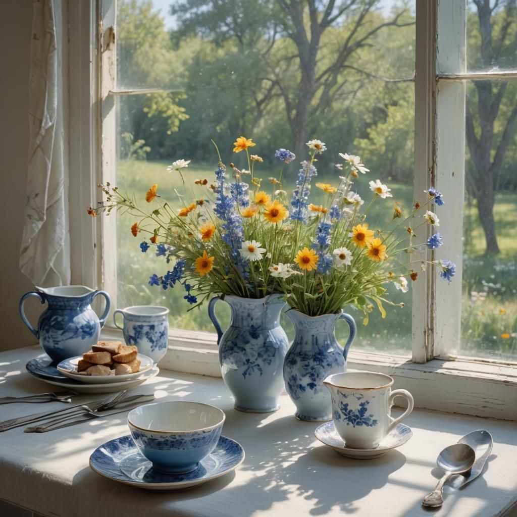 Impressionist Still Life with Wildflowers and China