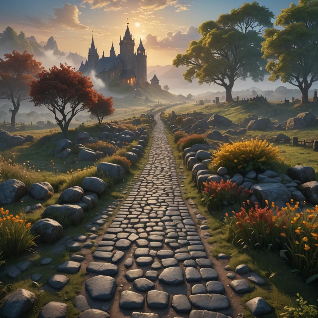 Sunrise Over Cobblestone Path: Fantasy Concept Art