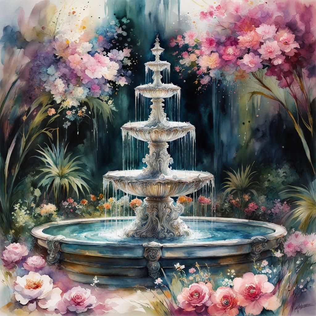 The Eternal Elegance Fountain: Watercolor Masterpiece