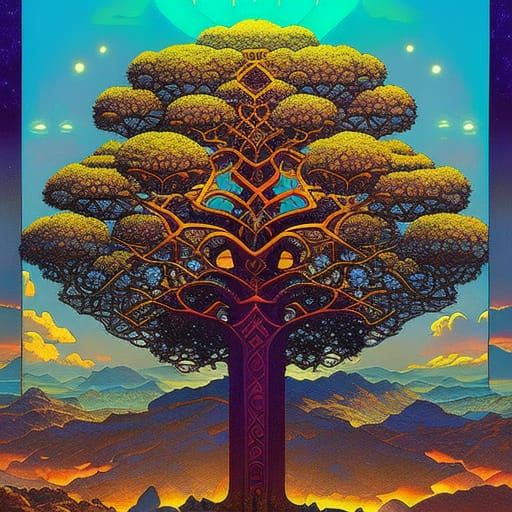 Yggdrasil and Nine Worlds in Geometric Style