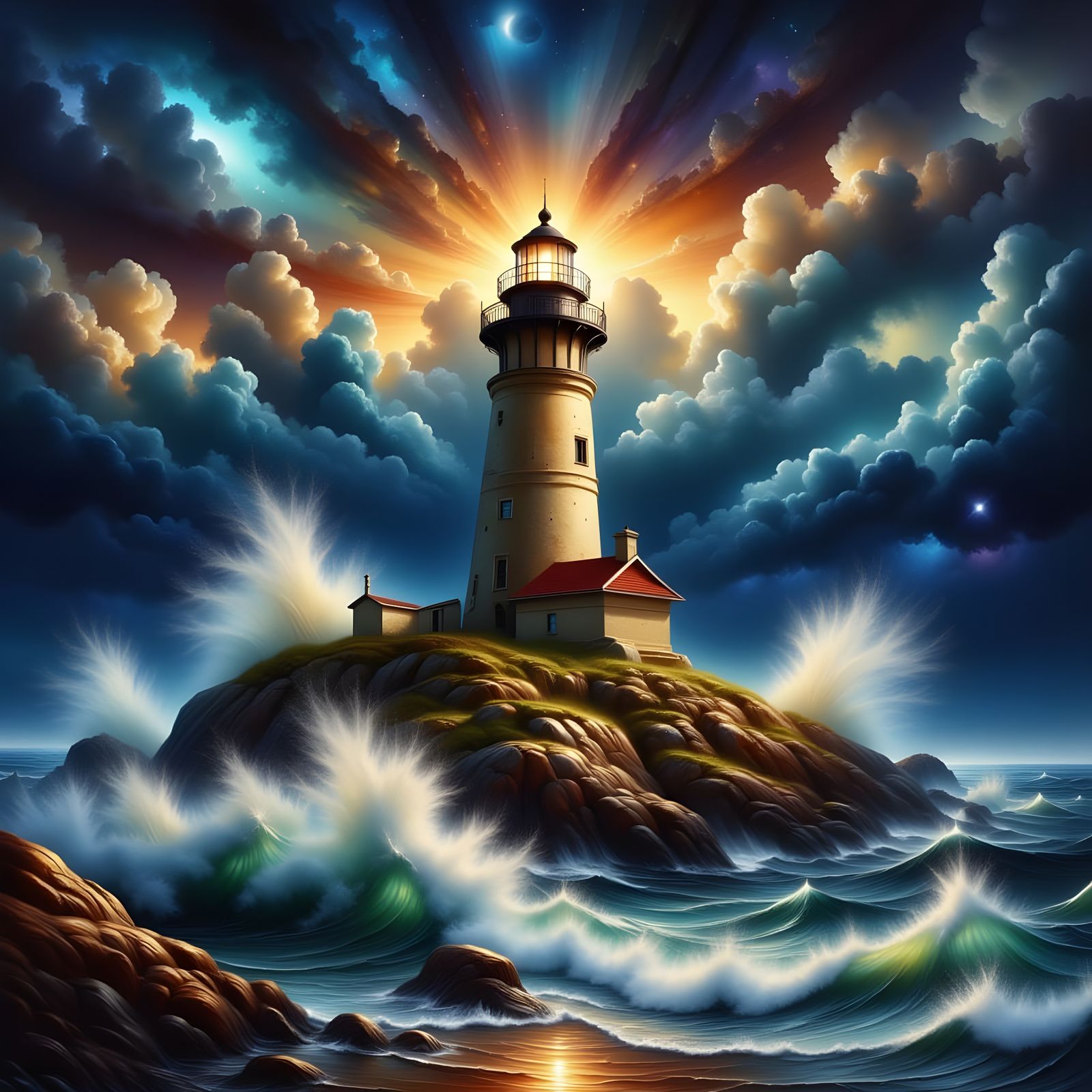 Majestic Lighthouse Beam in Stormy Seas Oil Painting