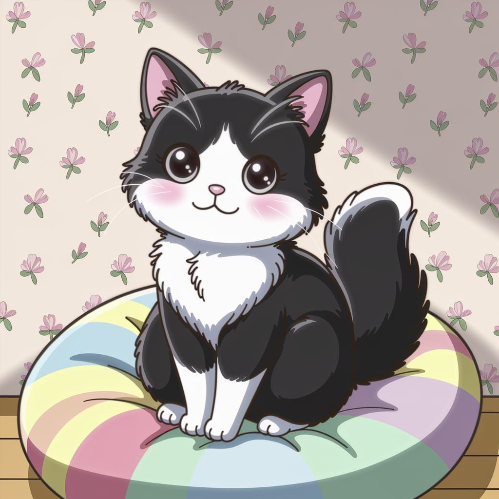 Kawaii Black and White Cat on Pastel Cushion