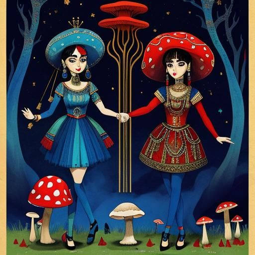 Surreal Scene with Cleopatra and Mushrooms