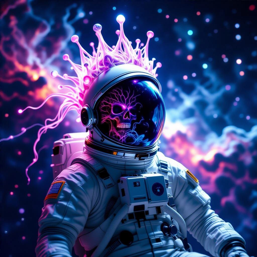 Spectral Astronaut with Crown-Like Alien Organism in Deep Sp...