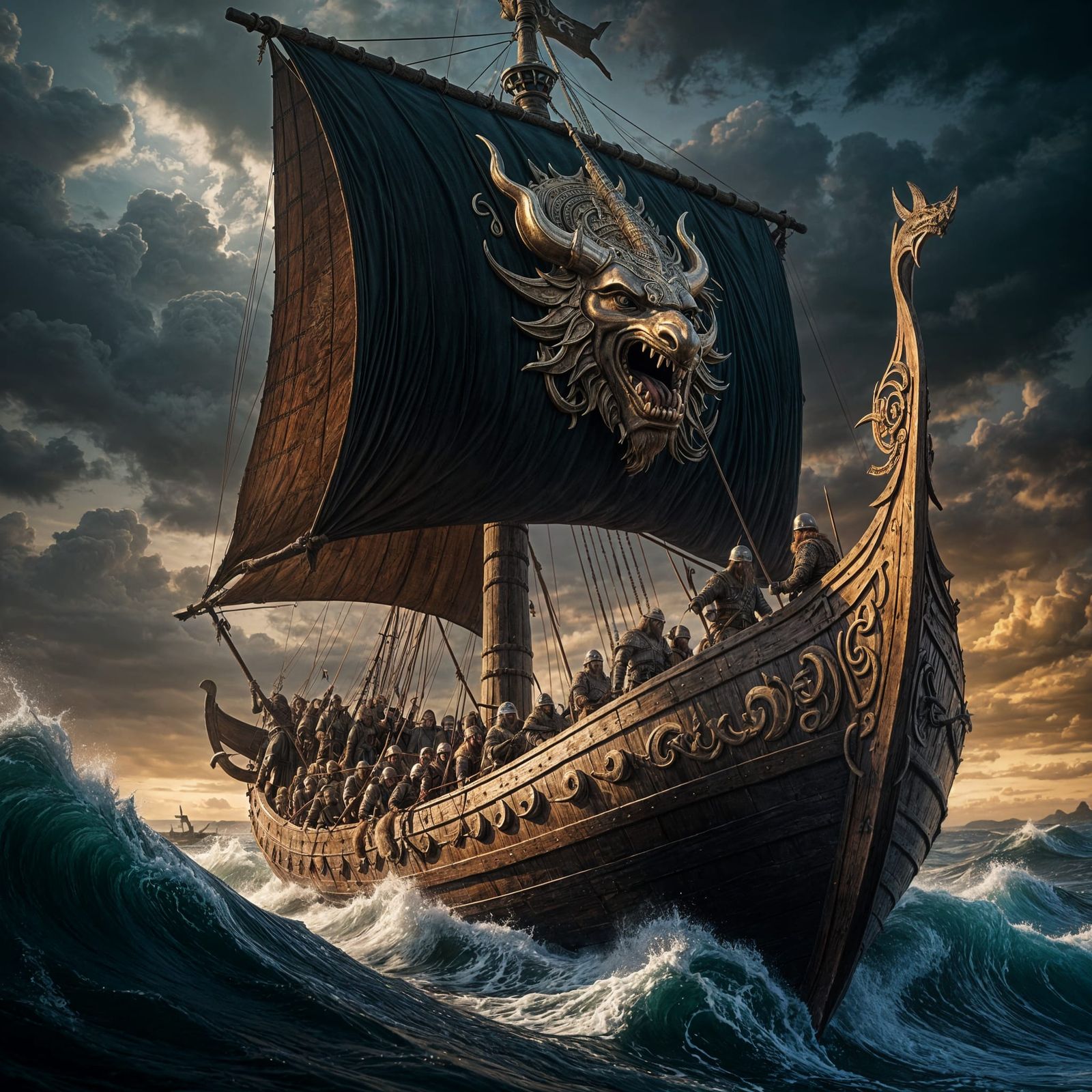 Viking Longship of Armed Warriors at Sea