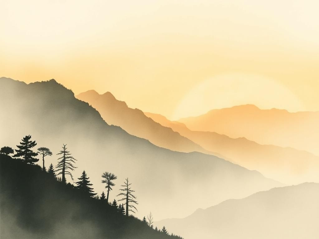 Mountain Landscape at Dusk in Woodblock Print Style