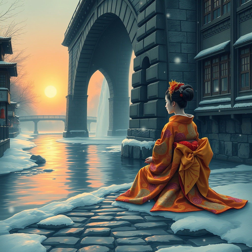 Geisha in Snowy Landscape at Sunset