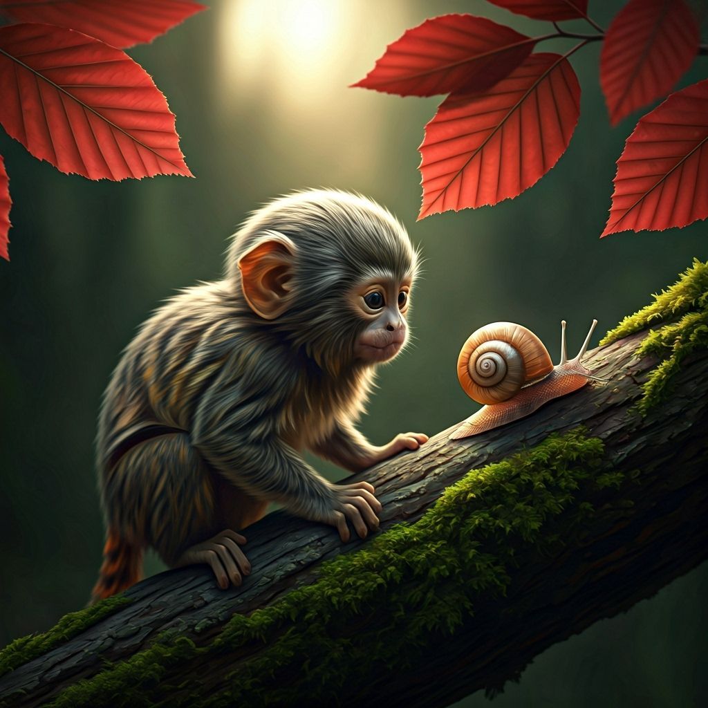 Pygmy Marmoset Monkey and Snail in Autumn