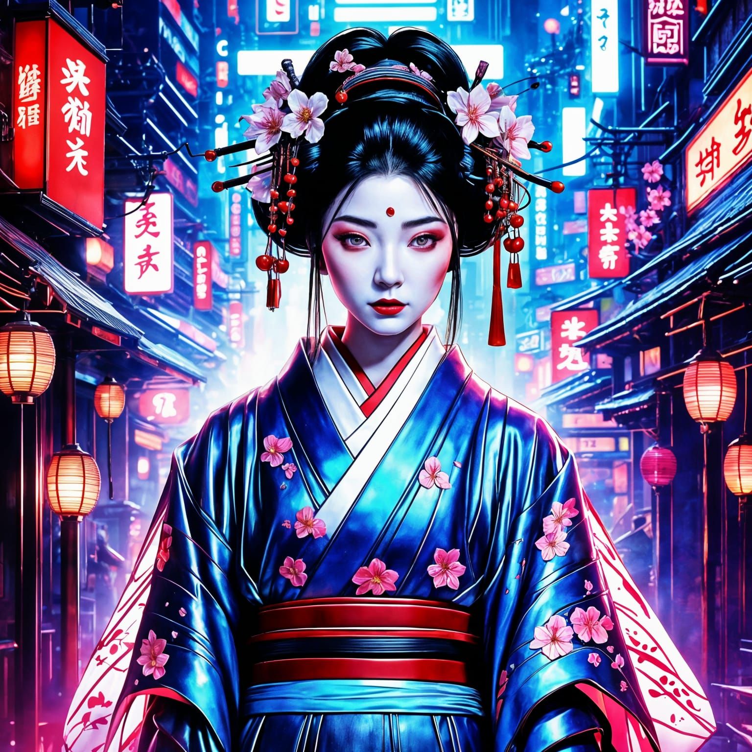 Cyberpunk Geisha with Neon Lights in Neo-Tokyo