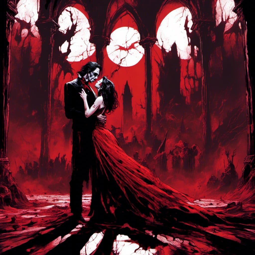 Dracula and Woman in Red Dress Comic Art