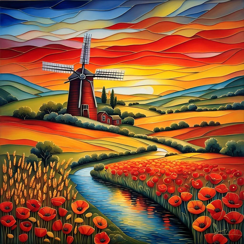 Sunset Over Fields with Windmill: Stained Glass Style