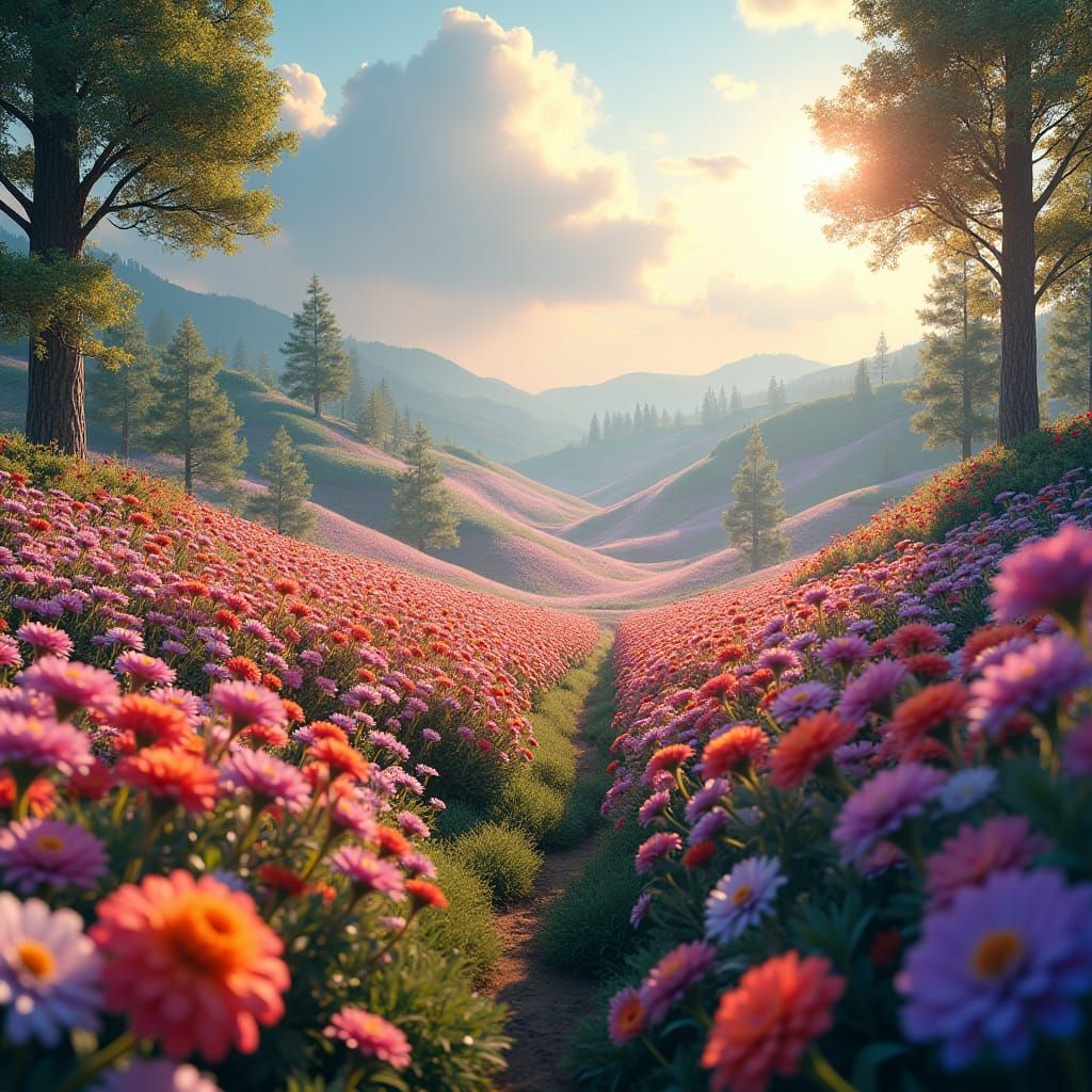 Mystical Flower Field in Fantasy Art Style