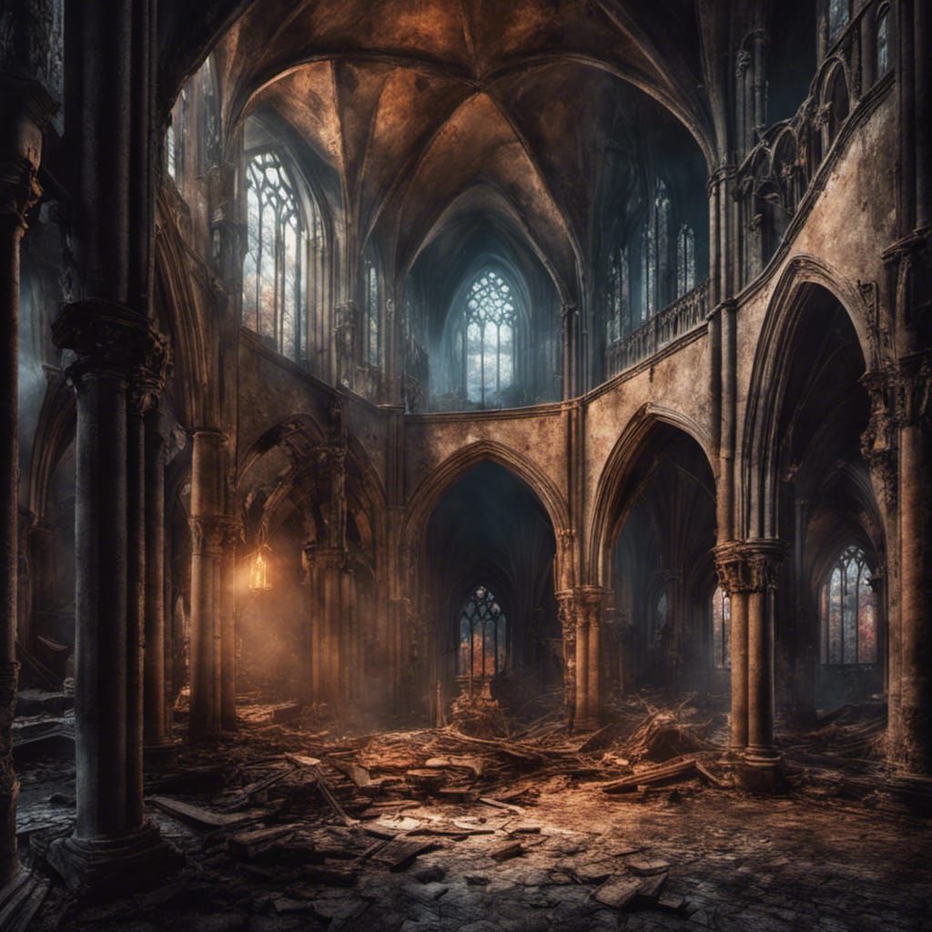 Glowing Altar in Ruined Medieval Church