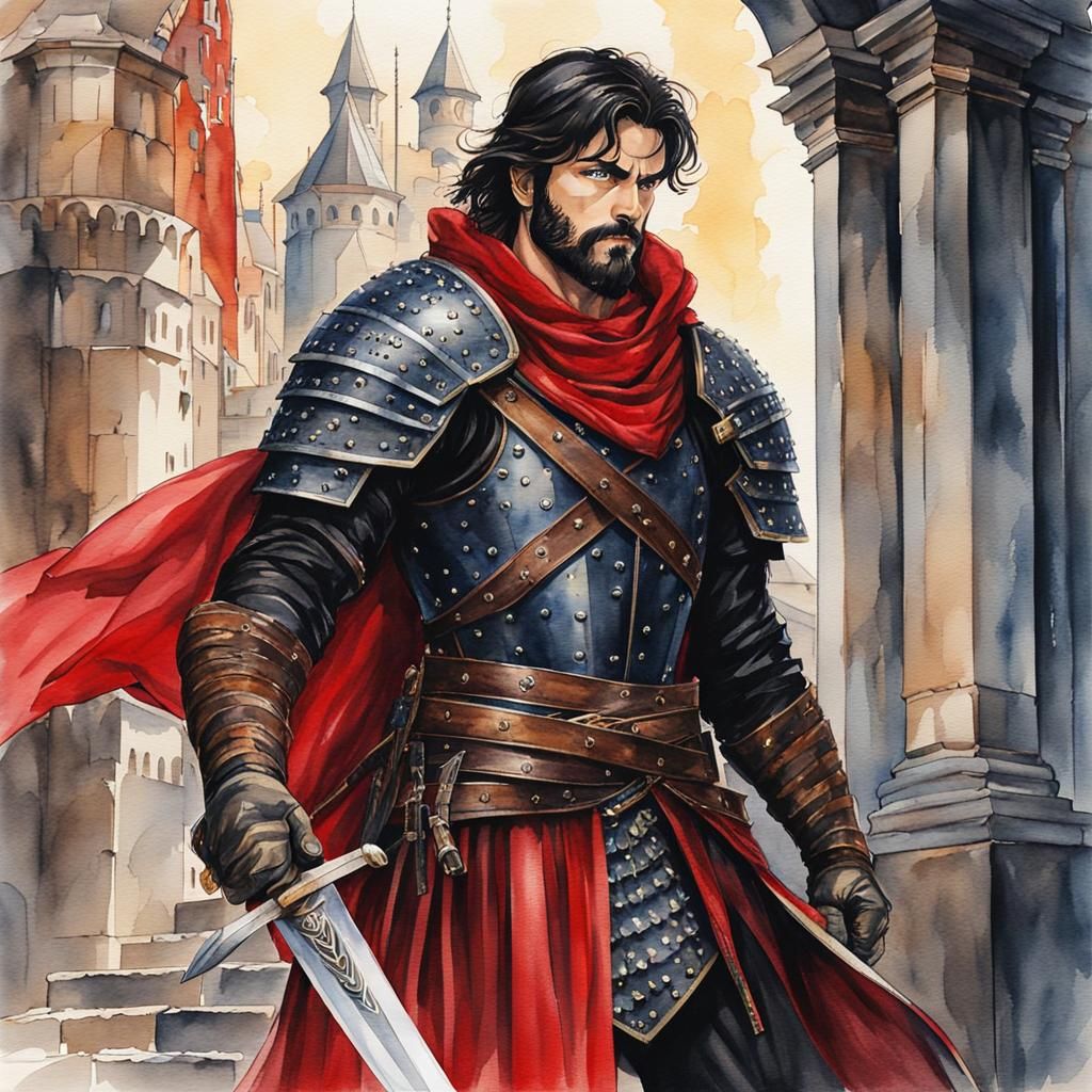 Warrior Guards City Gate in Watercolor Anime Style