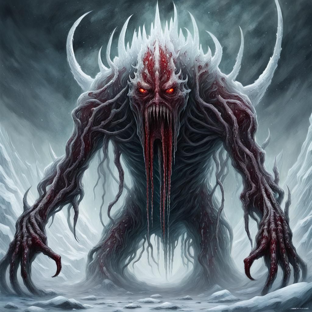 Grotesque Ice Monster Emerges from Blizzard