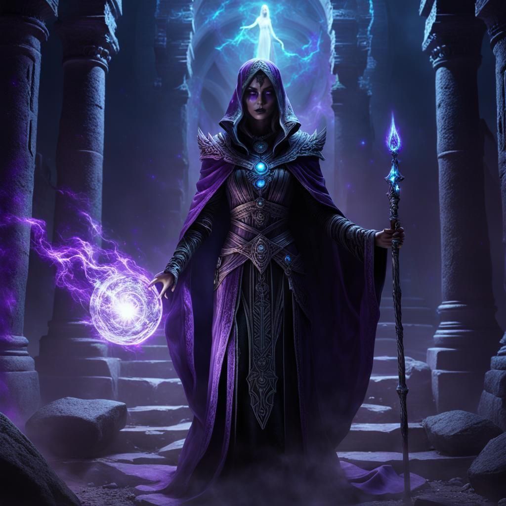 Shadowy Necromancer with Spectral Apparitions in Digital Art