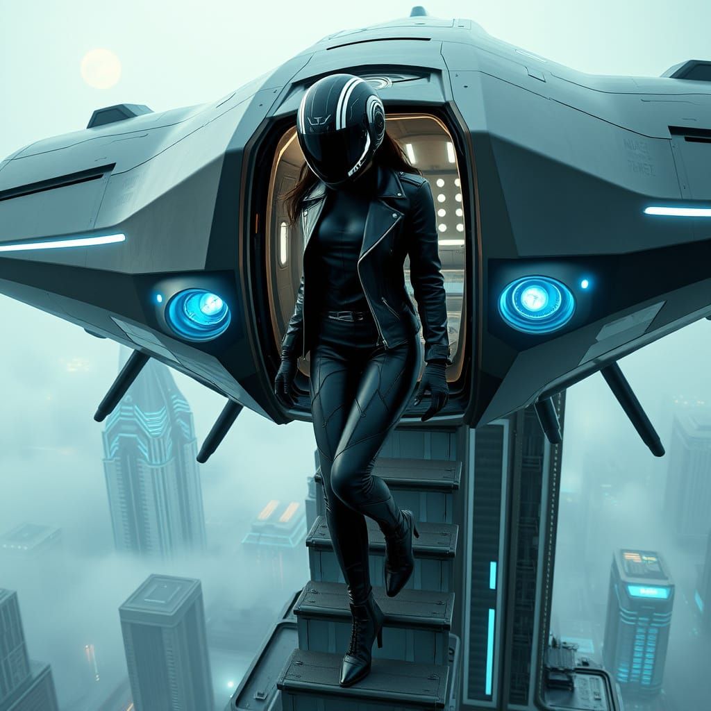 Cyberpunk Woman Emerges from VTOL Jet