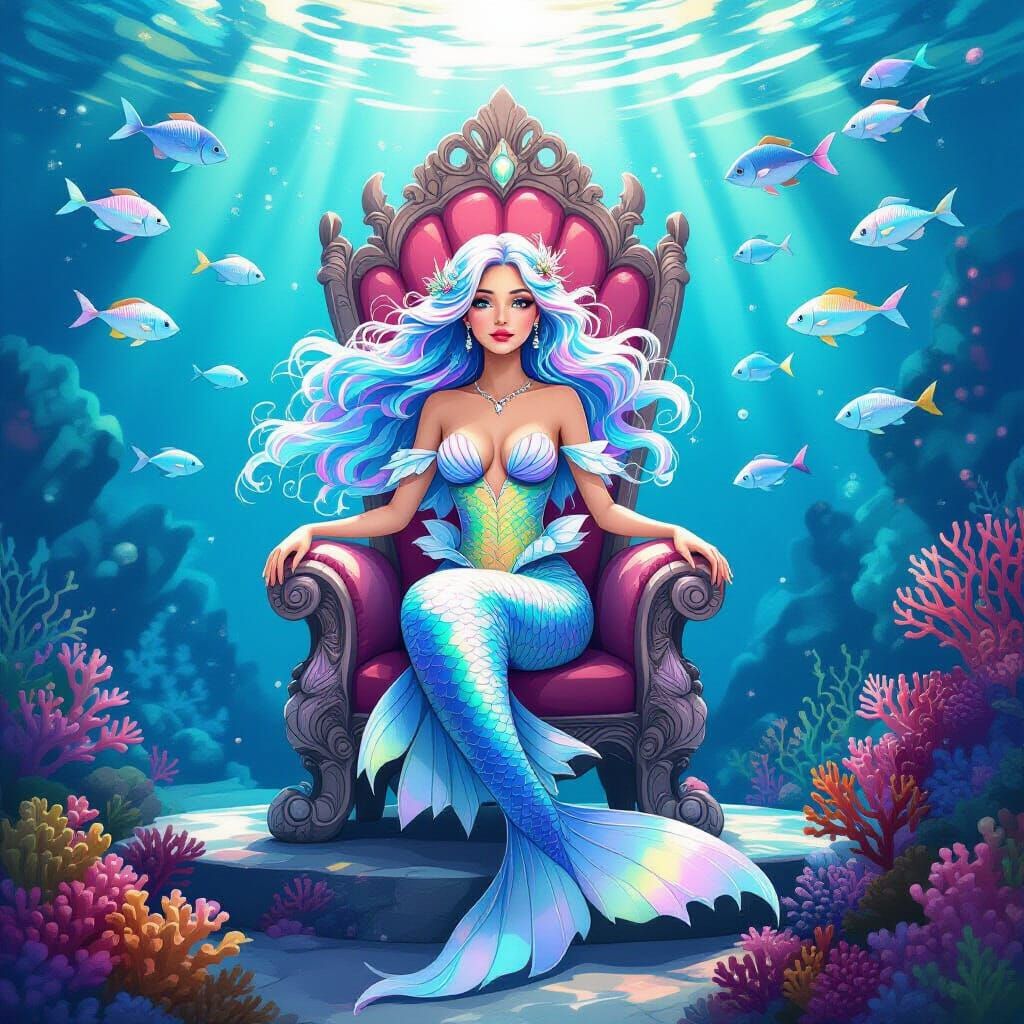 Whimsical Mermaid on Coral Throne in Underwater Kingdom