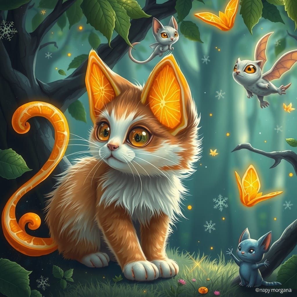 Whimsical Feline in Enchanted Forest with Citrus Ears and Ta...
