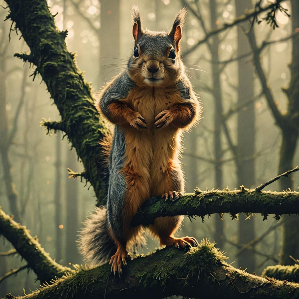 Squirrel in Misty Forest: Cinematic Film Still