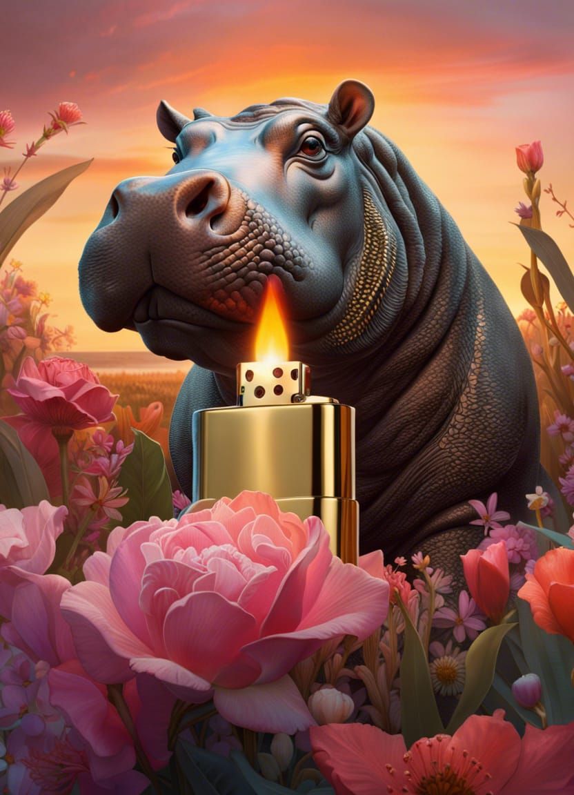 Hippo and Zippo on Floral Beach: Hyperrealistic Art Nouveau