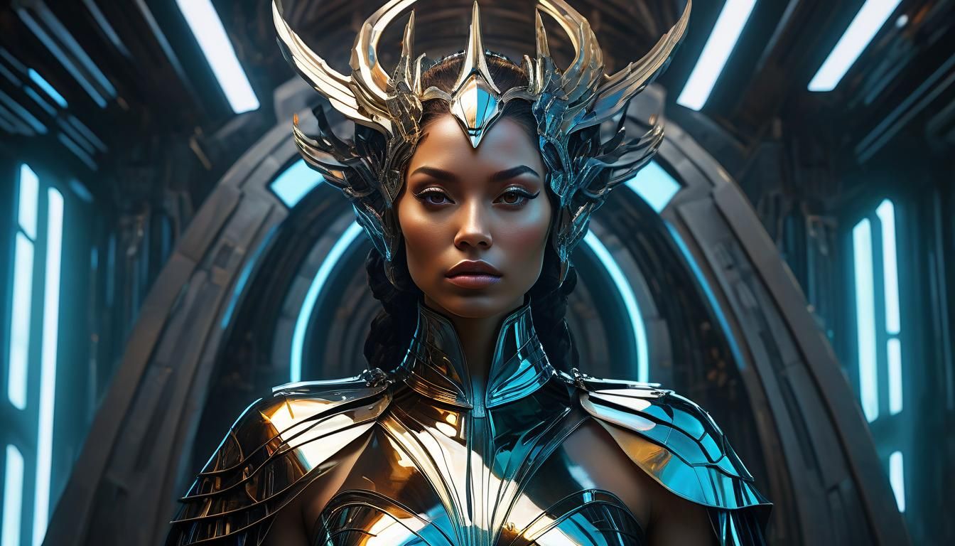 Goddess in Futuristic Throne Room: Cinematic Portrait