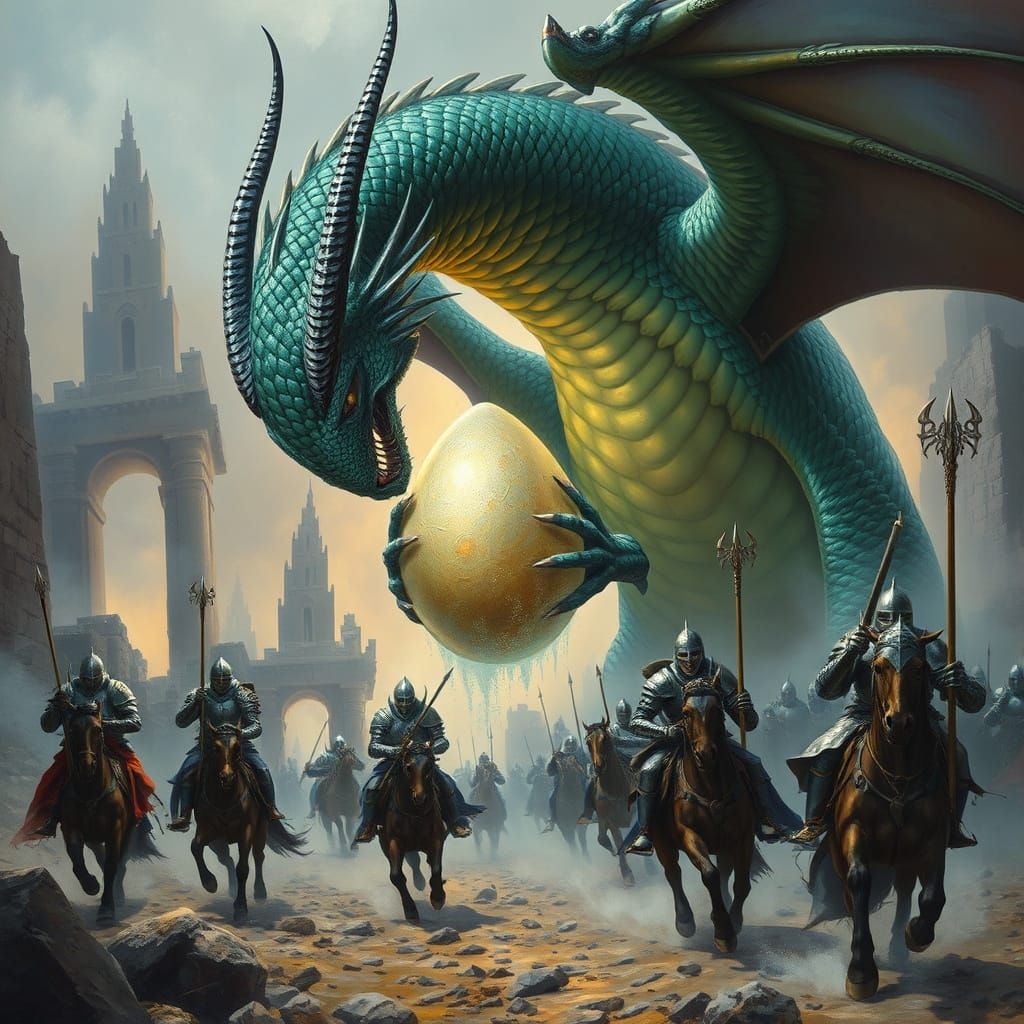 Wyvern Guards Crystal Egg from Charging Knights