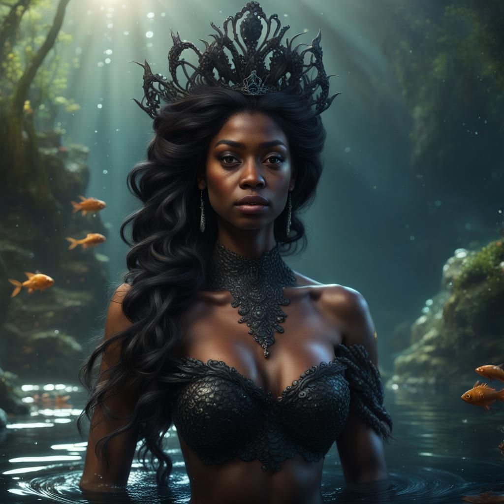 Hyperrealistic Black Mermaid with Tiara in Detailed Matte Pa...