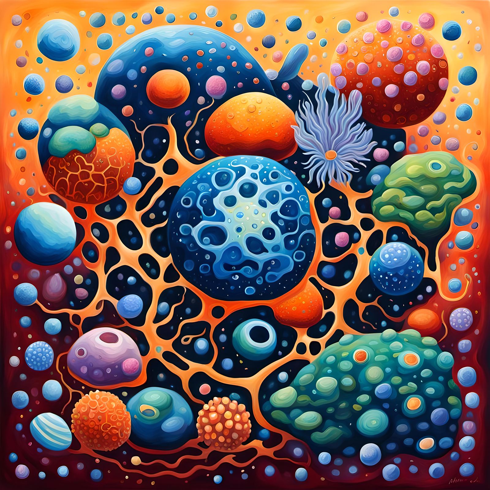 Detailed Gouache Painting of Cellular Microcosm