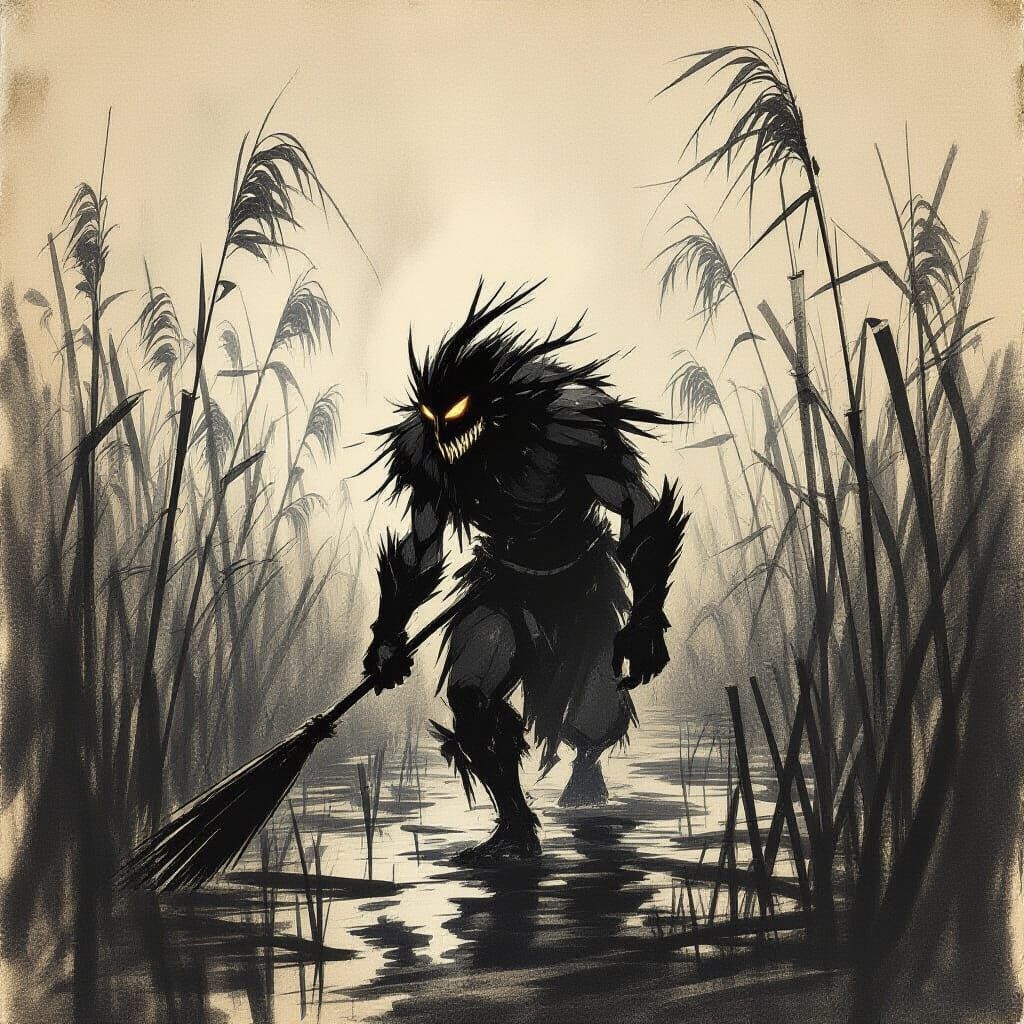 Graphite Sketch of Fantastical Creature in Reed Field