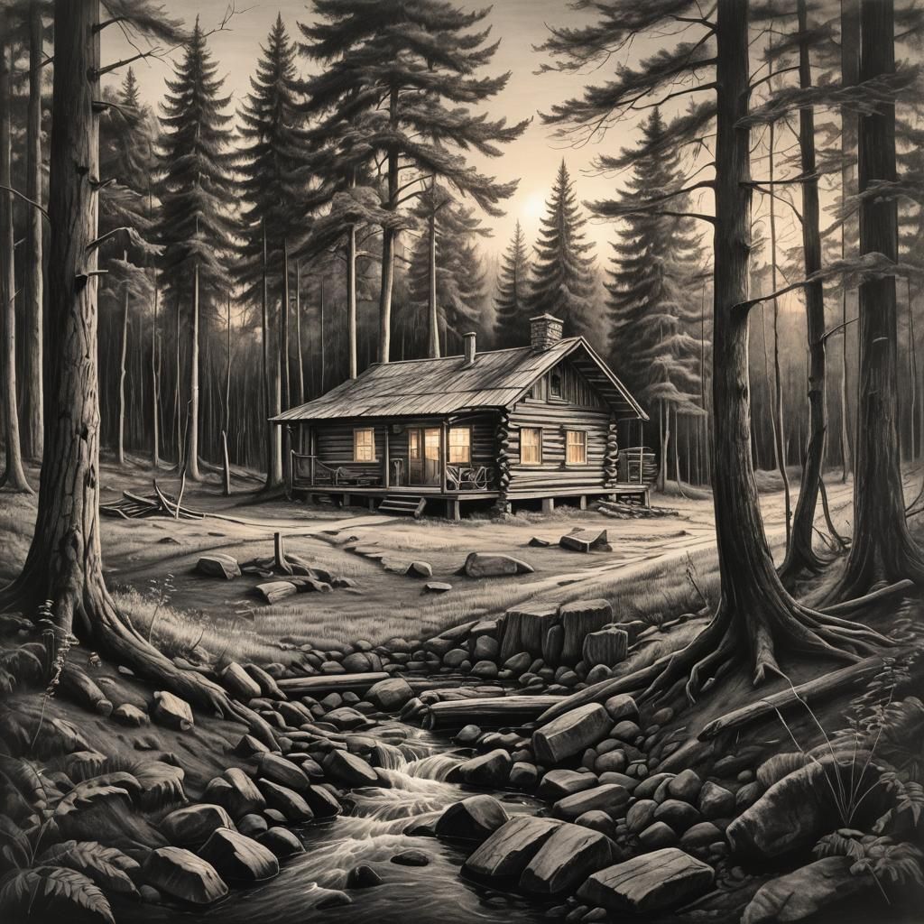 A cabin in the woods at sunset