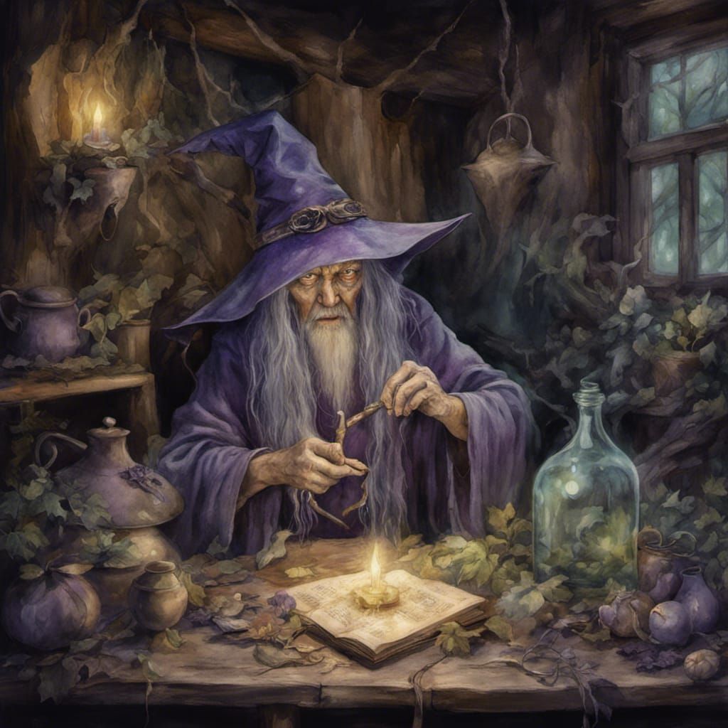 Elderly Witch Brews Potion in Brian Froud Style