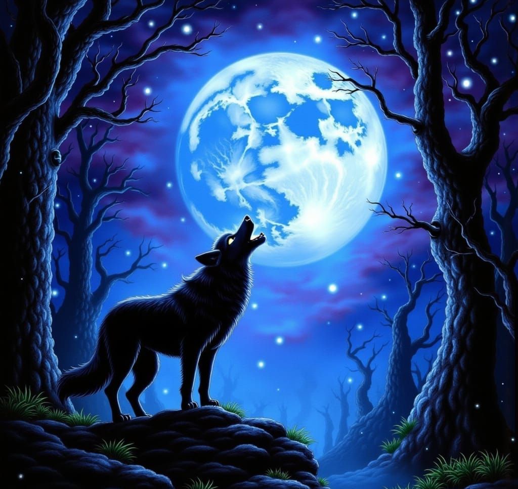 Wolf Howling Under a Full Moon