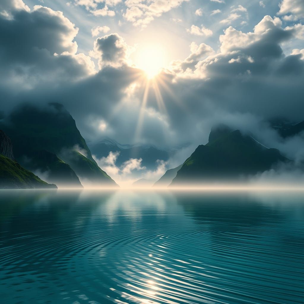 Emerald Peaks in Fog with Translucent Lake