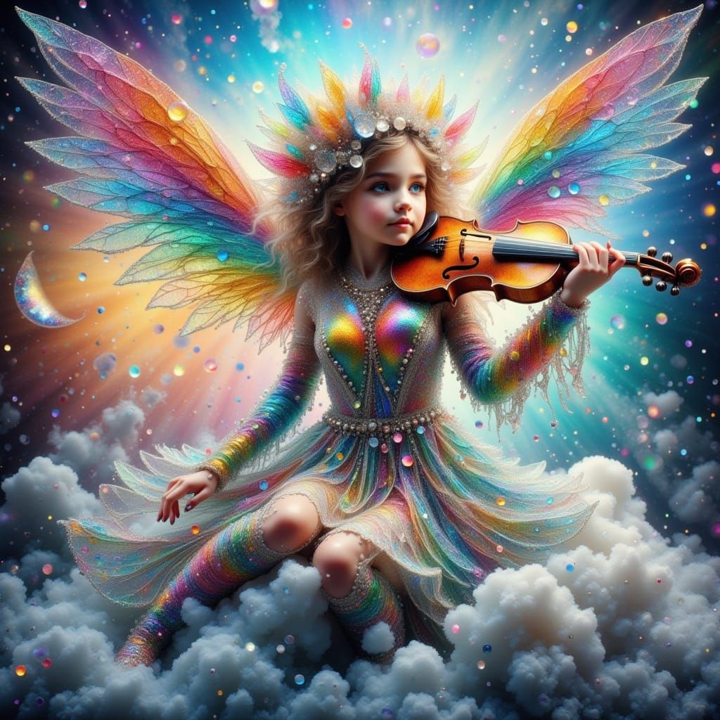 Cracked Glass Angel Plays Violin on Rainbow