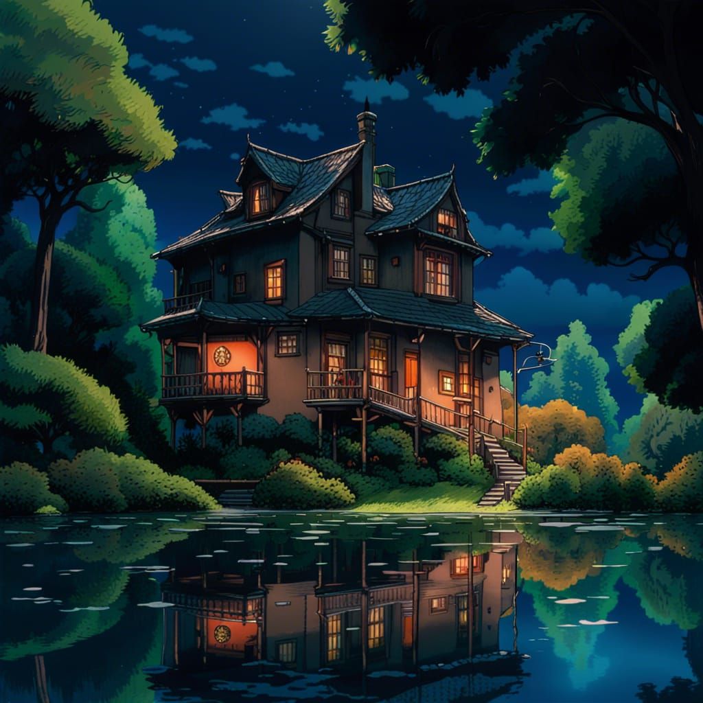 Magical Lakeside House in Studio Ghibli Style